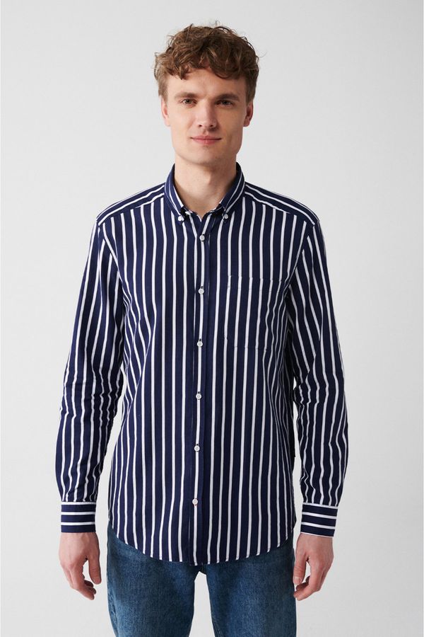 Avva Avva Men's Navy Blue 100% Cotton Oxford Buttoned Collar Striped Regular Fit Shirt