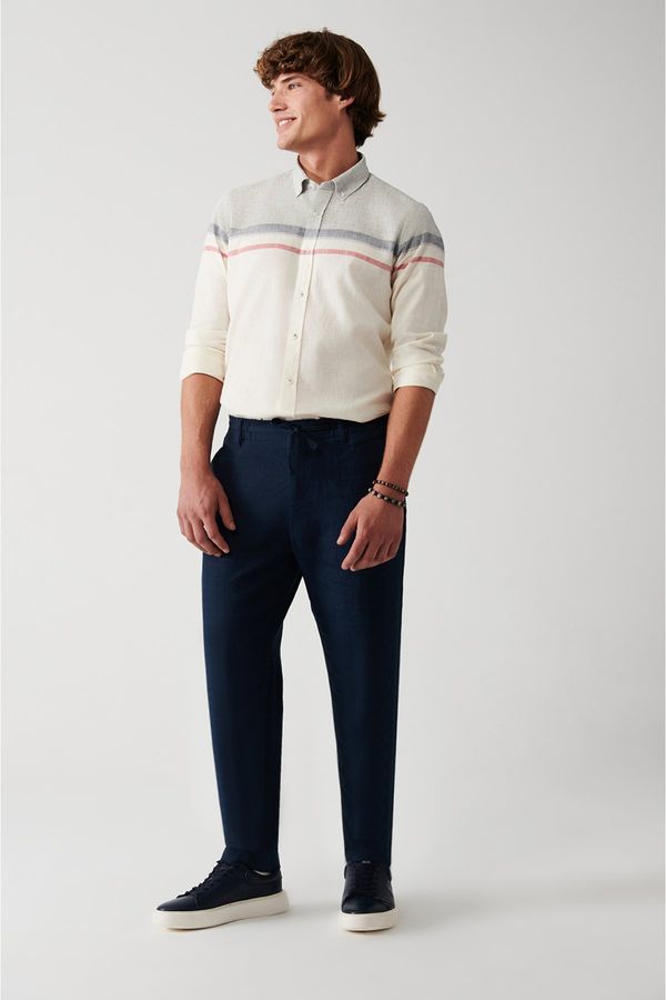 Avva Avva Men's Navy Blue 100% Linen Side Pocket Relaxed Fit Comfortable Cut Trousers