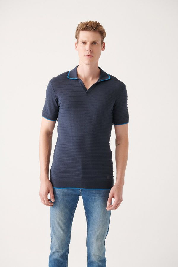 Avva Avva Men's Navy Blue Buttonless Polo Collar Knitted Detailed Ribbed Regular Fit Knitwear T-shirt