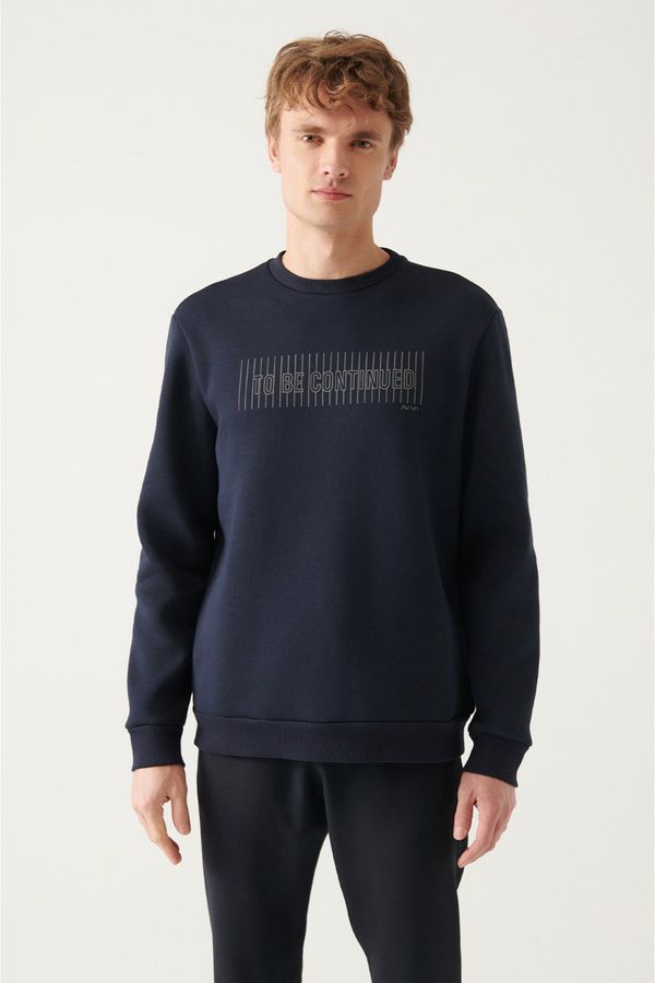 Avva Avva Men's Navy Blue Crew Neck 3 Thread Fleece Inside Printed Standard Fit Regular Cut Sweatshirt