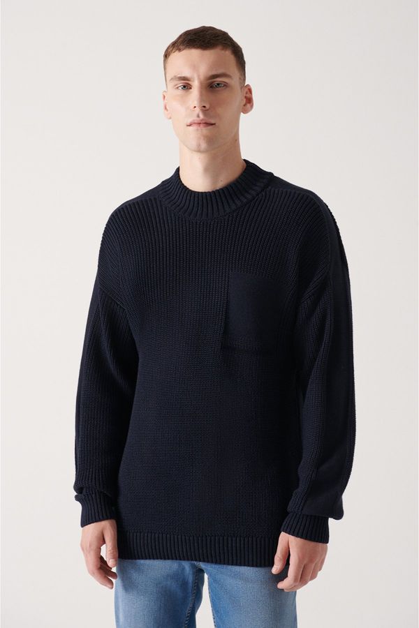 Avva Avva Men's Navy Blue Crew Neck Pocket Detailed Cotton Loose Comfort Fit Relaxed Cut Knitwear Sweater