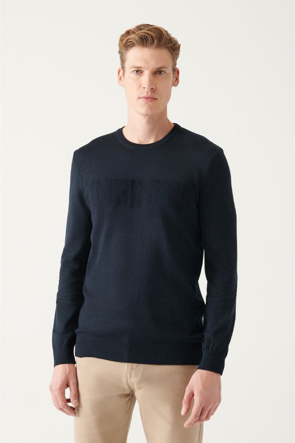 Avva Avva Men's Navy Blue Crew Neck Text Motto Cotton Standard Fit Normal Cut Knitwear Sweater
