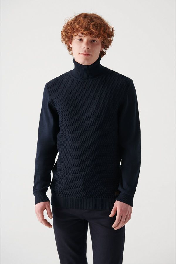 Avva Avva Men's Navy Blue Full Turtleneck Front Textured Cotton Standard Fit Regular Cut Knitwear Sweater