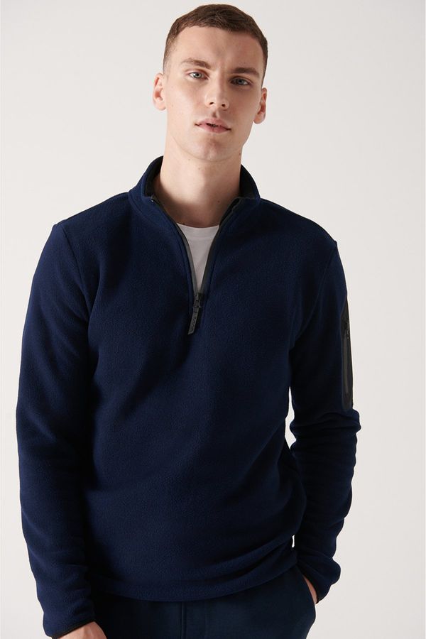 Avva Avva Men's Navy Blue High Neck Pocket Detailed Half Zipper Standard Fit Regular Fit Fleece Sweatshirt