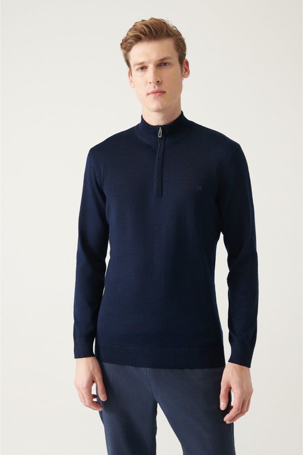 Avva Avva Men's Navy Blue High Neck Wool Blended Regular Fit Knitwear Sweater