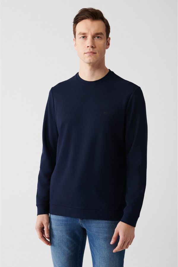 Avva Avva Men's Navy Blue Interlock Fabric Crew Neck Printed Regular Fit Sweatshirt