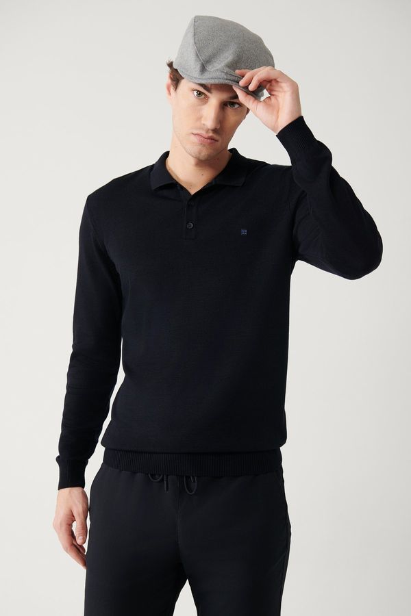 Avva Avva Men's Navy Blue Knitwear Sweater 3-Button Polo Collar Regular Fit