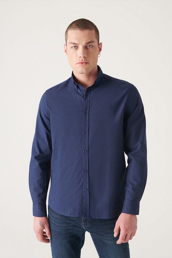 Avva Avva Men's Navy Blue Oxford 100% Cotton Button-Up Collar Standard Fit Regular Cut Shirt