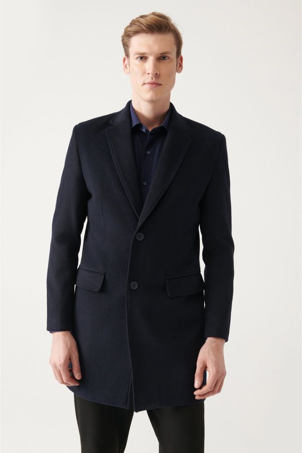 Avva Avva Men's Navy Blue Slit Woolen Cachet Comfort Fit Relaxed Cut Coat