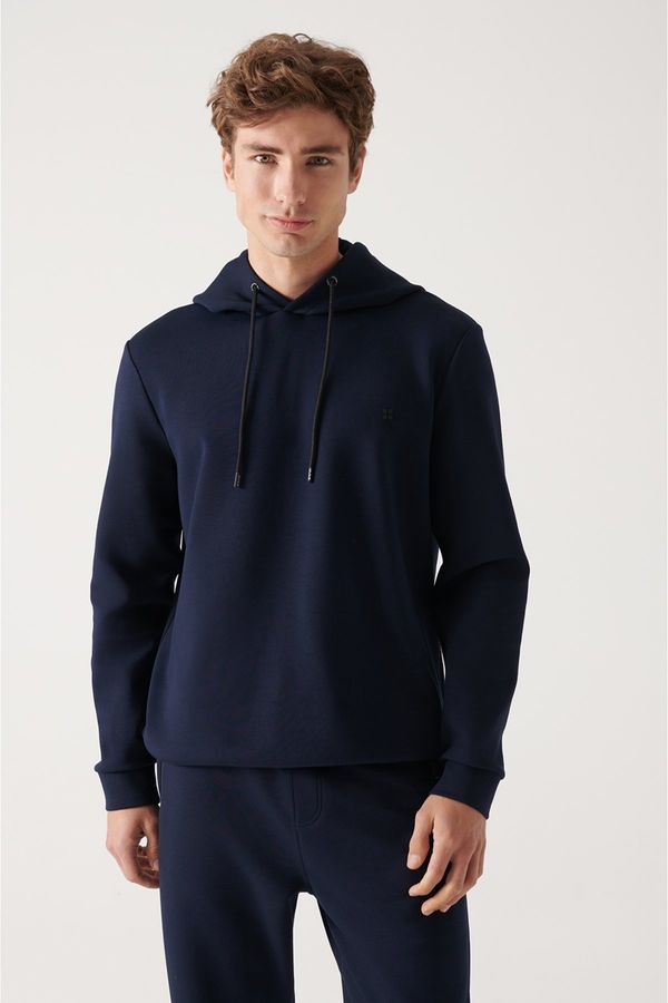 Avva Avva Men's Navy Blue Sweatshirt Hooded Flexible Soft Texture Interlock Fabric Regular Fit