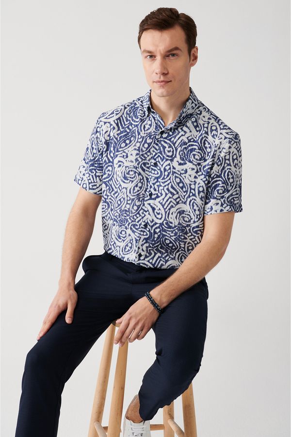 Avva Avva Men's Navy Blue Viscose Button Down Collar Abstract Patterned Short Sleeve Standard Fit Regular Fit Shirt