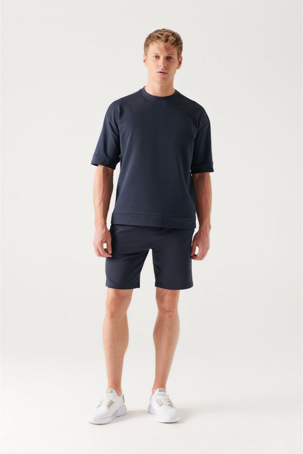 Avva Avva Men's Navy Blue with Side Pockets, Knitted Cotton 2 Threads, Relaxed Fit, Casual Fit, Daily Sports Shorts