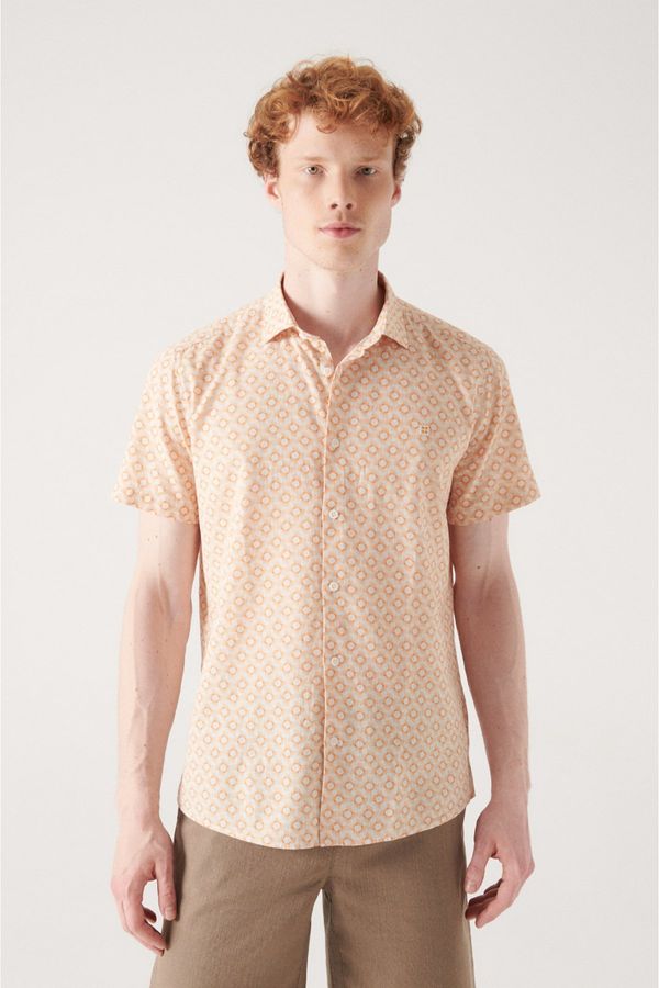 Avva Avva Men's Orange Geometric Printed Short Sleeve Cotton Shirt