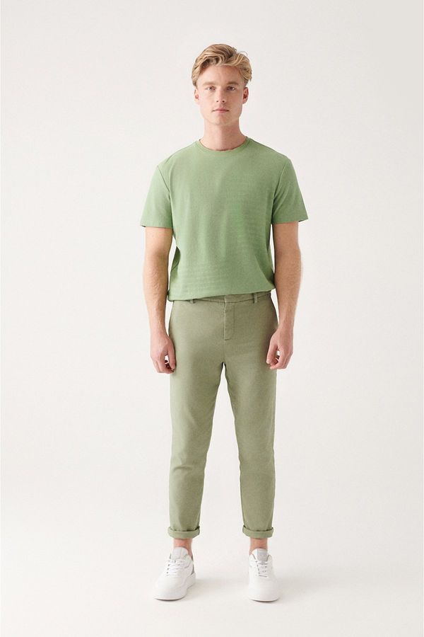 Avva Avva Men's Water Green Side Pocket Elastic Back Waist Linen Textured Relaxed Fit Relaxed Fit Chino Trousers