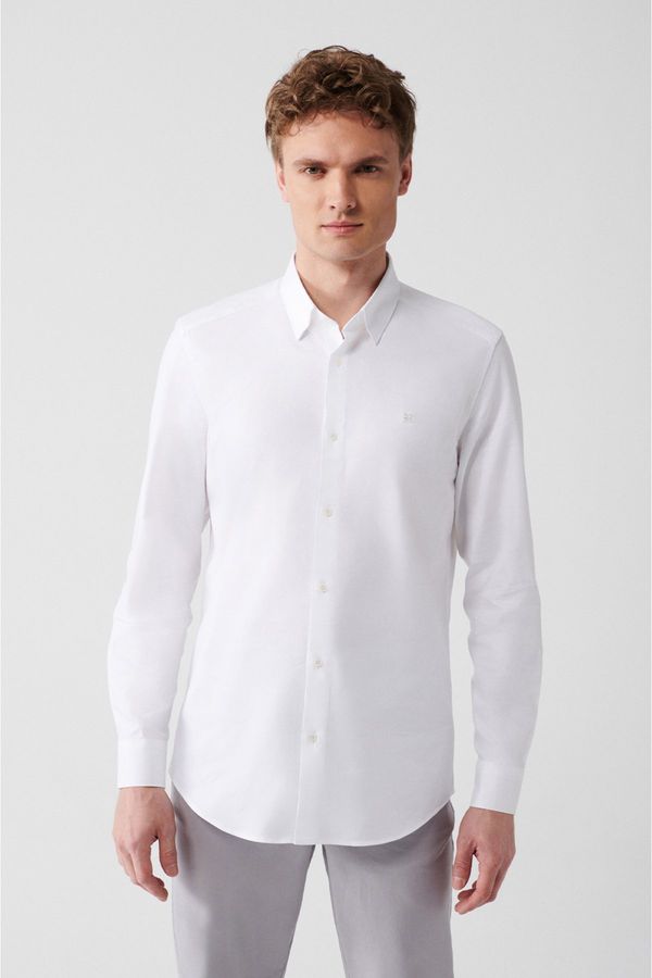 Avva Avva Men's White 100% Cotton Buttoned Bottom Collar Dobby Slim Fit Slim Fit Shirt