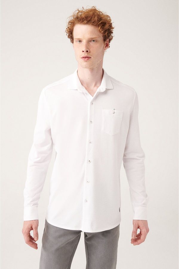 Avva Avva Men's White 100% Cotton Classic Collar Pocket Regular Fit Knitted Shirt