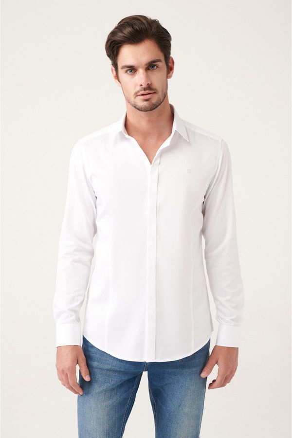 Avva Avva Men's White 100% Cotton Satin Hidden Pocket Slim Fit Slim Fit Shirt