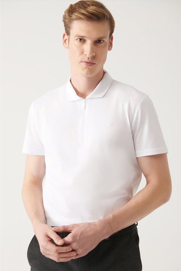 Avva Avva Men's White 100% Cotton Zippered Regular Fit Polo Neck T-shirt