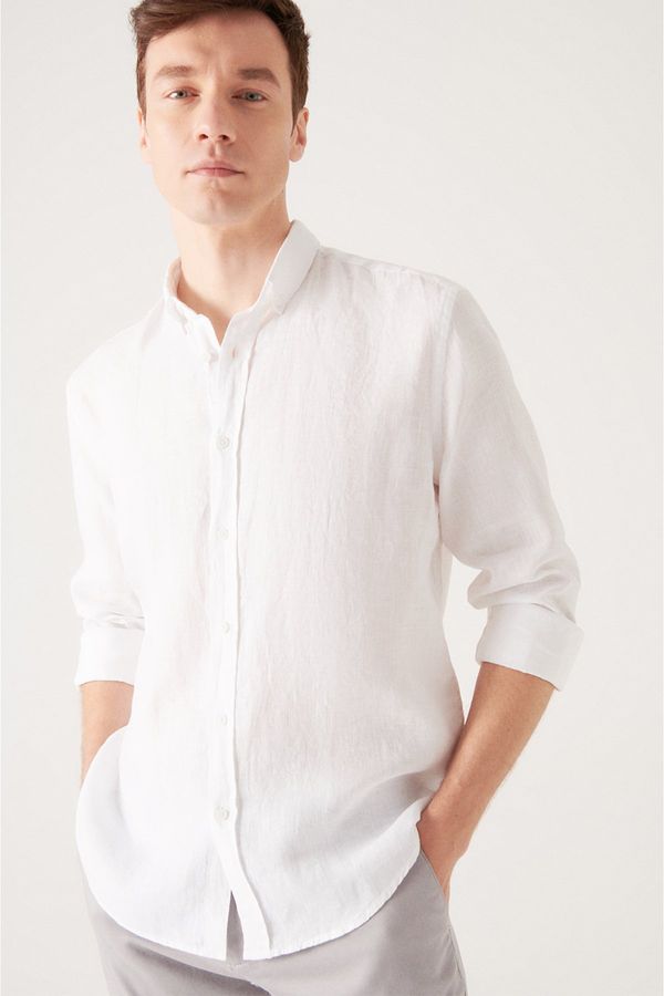 Avva Avva Men's White 100% Linen Buttoned Collar Comfort Fit Shirt