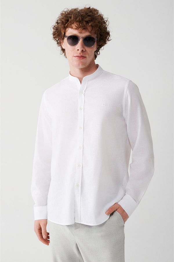 Avva Avva Men's White Large Collar Linen Blended Standard Fit Normal Cut Shirt