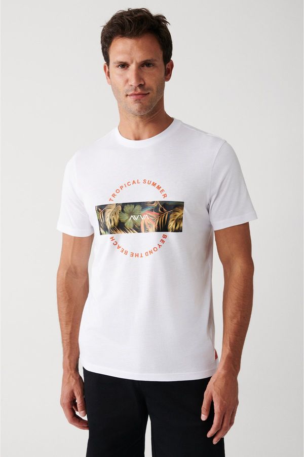 Avva Avva Men's White Ultrasoft Crew Neck Tropical Printed Standard Fit Regular Fit T-shirt