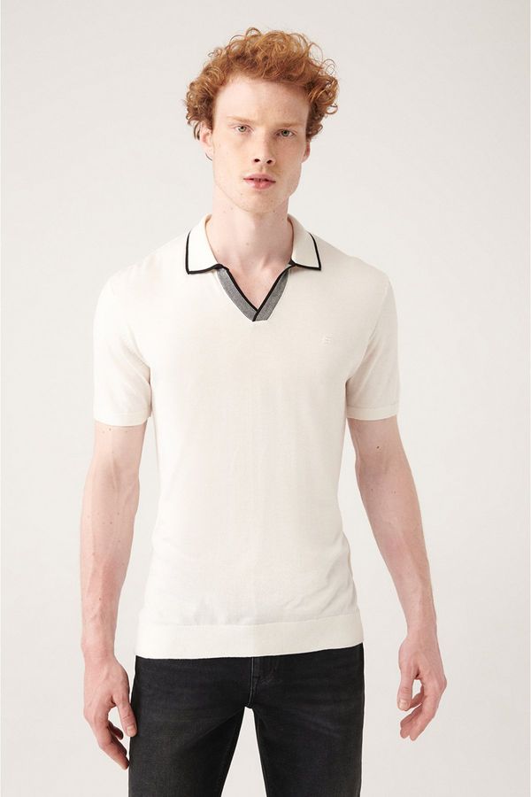 Avva Avva Men's White Unbuttoned Polo Neck Paw Stripe Detailed Ribbed Regular Fit Knitwear T-shirt