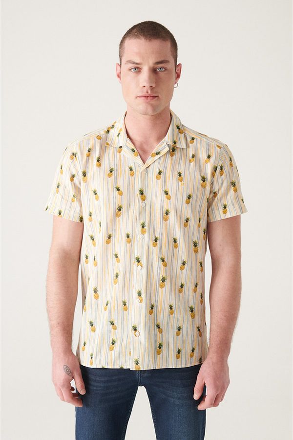 Avva Avva Men's Yellow Printed Short Sleeve Cotton Shirt
