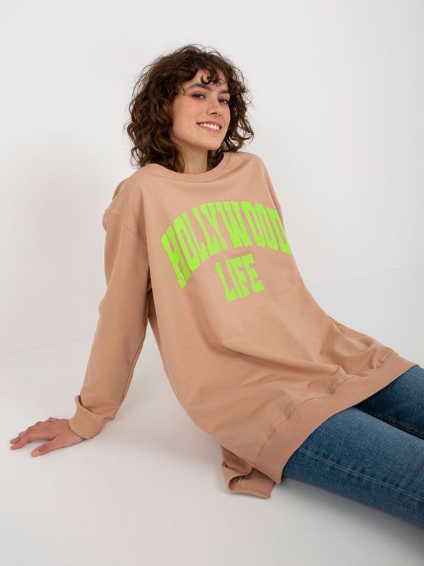 Fashionhunters Beige and green oversize long sweatshirt with inscription