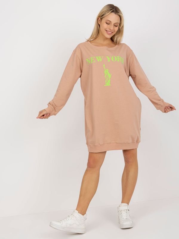 Fashionhunters Beige and Green Women's Long Cotton Sweatshirt with Print