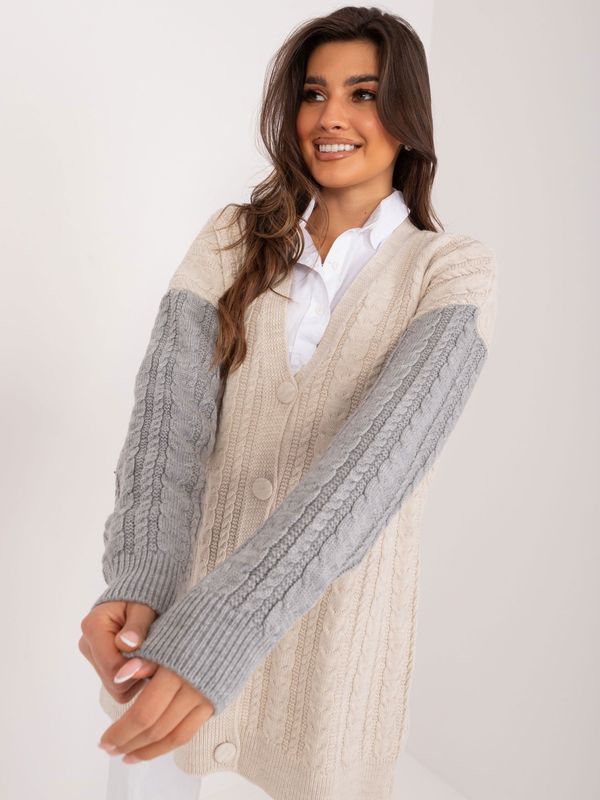 Fashionhunters Beige and grey cardigan with cables