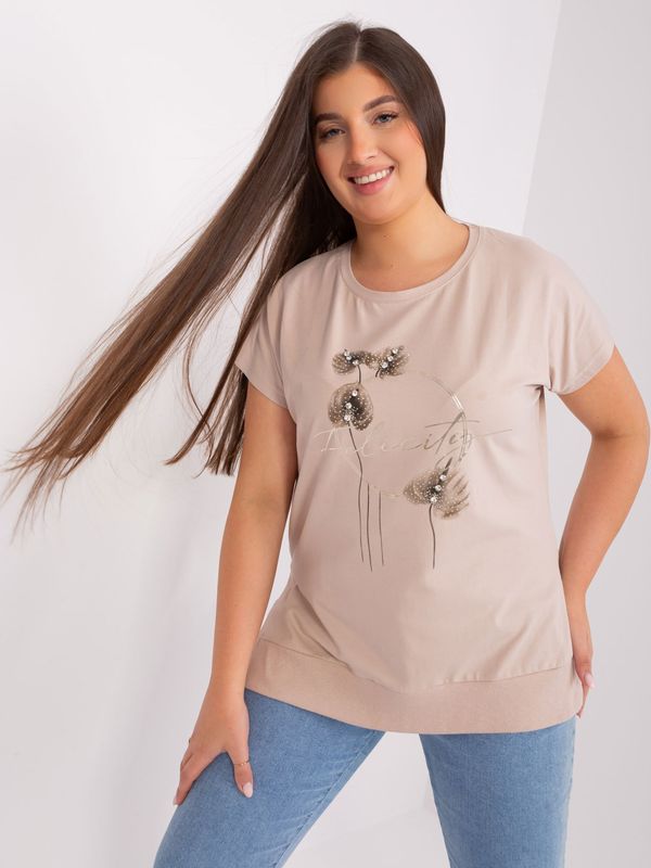 Fashionhunters Beige blouse of large size with print