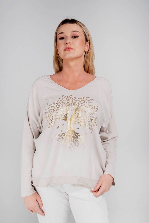 New collection Beige blouse with a print with an admixture of linen