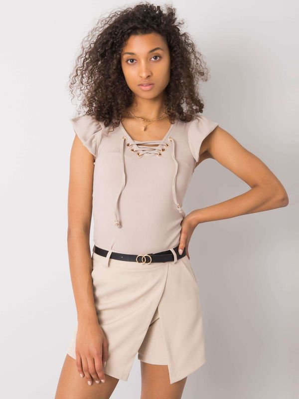 Fashionhunters Beige blouse with laced neckline