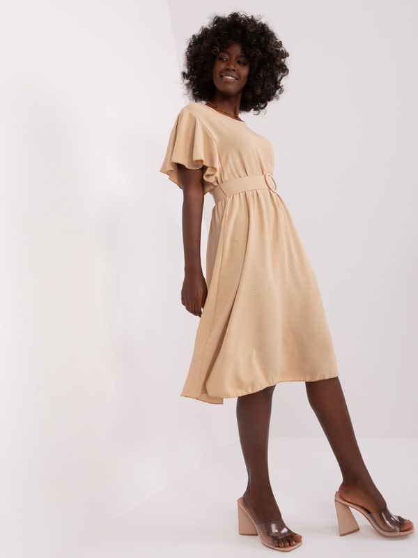 Fashionhunters Beige dress with a round neckline