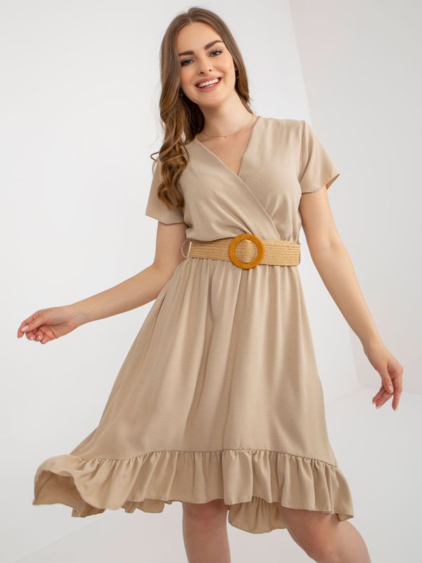 Fashionhunters Beige dress with frill and belt