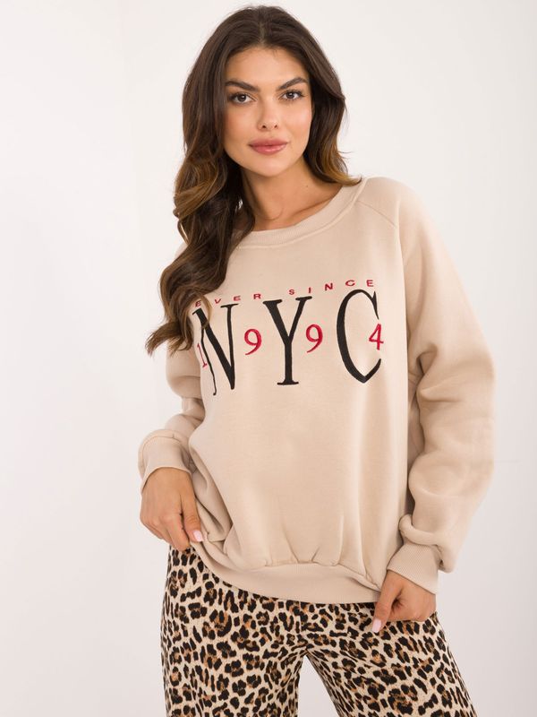 Fashionhunters Beige hoodless sweatshirt with a round neckline