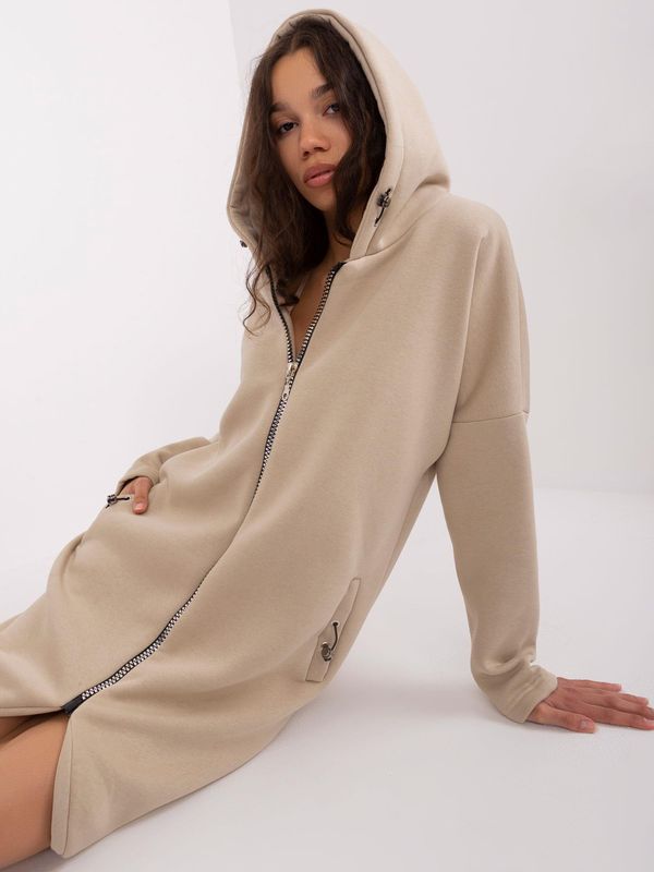 Fashionhunters Beige long basic sweatshirt with zipper Tina RUE PARIS