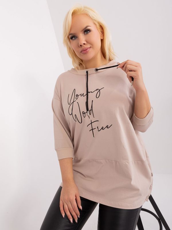 Fashionhunters Beige long blouse plus size with inscription