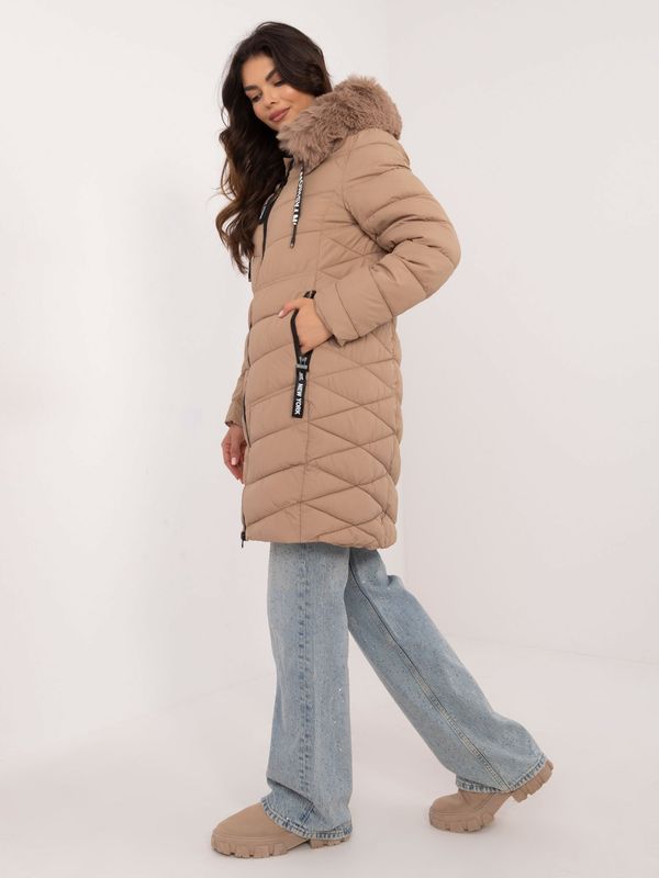 Fashionhunters Beige long winter jacket with hood