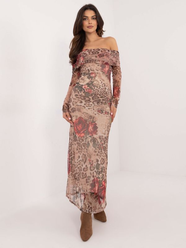 Fashionhunters Beige mesh Spanish dress with print