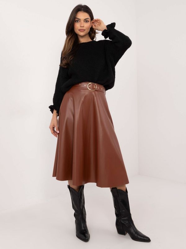 Italy Moda Beige midi skirt made of eco-leather with a belt