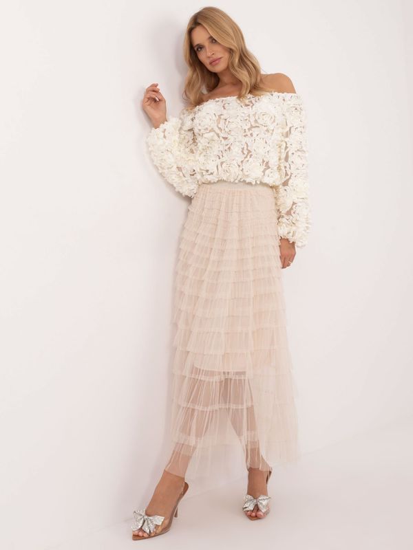 Fashionhunters Beige midi tulle skirt with ruffles