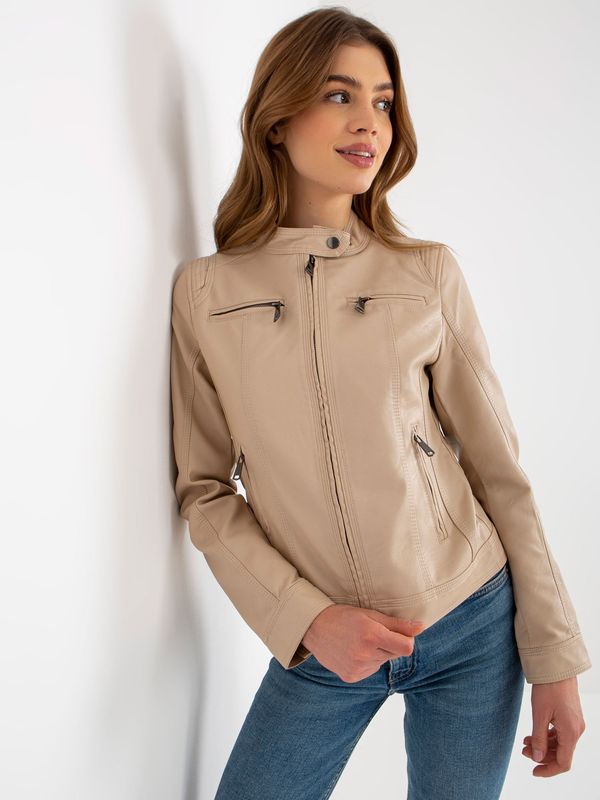 Fashionhunters Beige motorcycle jacket made of artificial leather with pockets