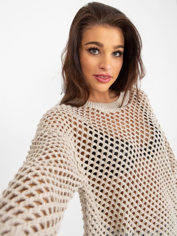 Fashionhunters Beige openwork summer sweater with a round neckline