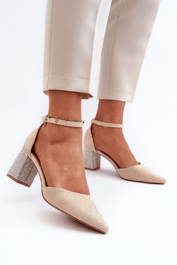 Kesi Beige pumps made of eco suede with an embellished heel by Anlitela