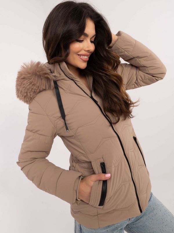 Fashionhunters Beige quilted transitional jacket with fur