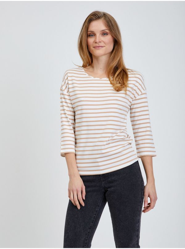 Orsay Beige striped T-shirt with three-quarter sleeves ORSAY