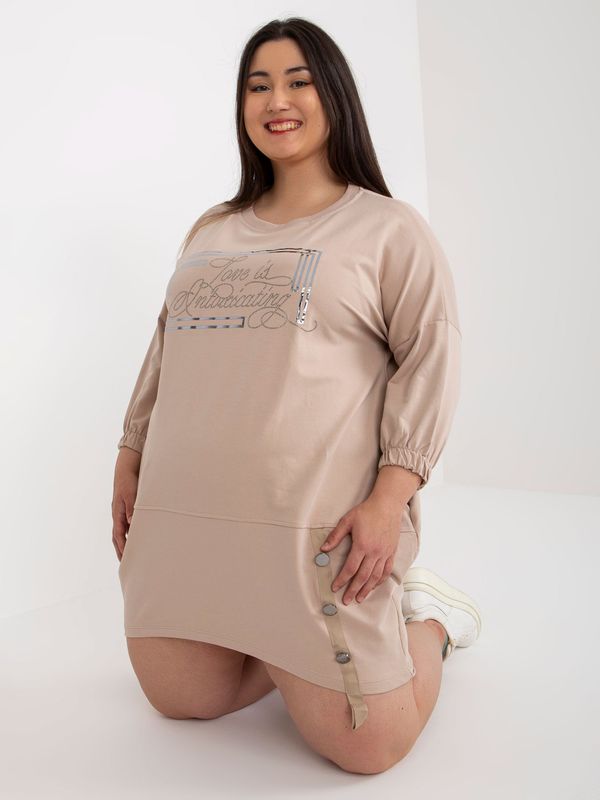 Fashionhunters Beige sweatshirt dress size plus with pockets