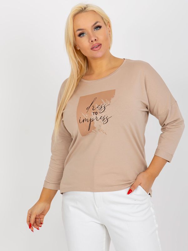 Fashionhunters Beige T-shirt plus sizes with print and inscription