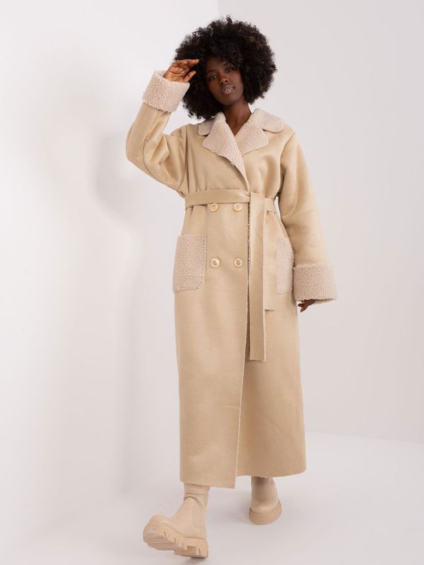 Fashionhunters Beige winter sheepskin coat with belt
